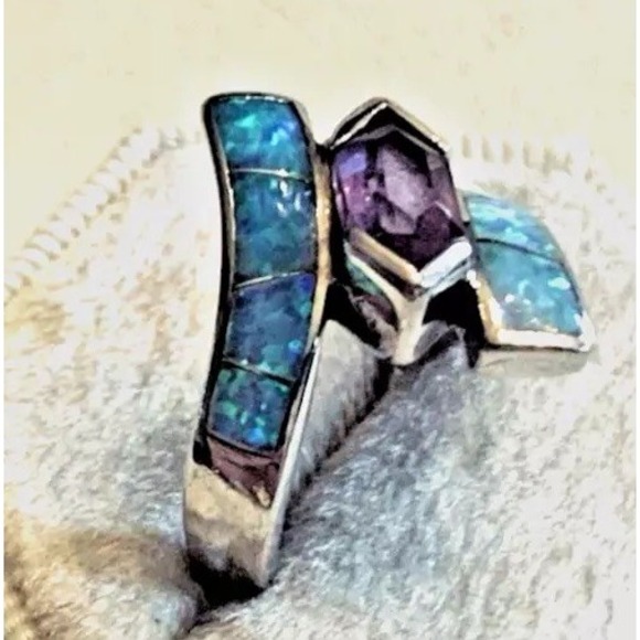925 Silver Synthetic Blue Opal & Amethyst Ring ~ Signed CO ~ Size 6 - Picture 2 of 6
